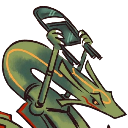 Rayquaza holds a metal folding chair above its head in a wrestling-style attack pose.