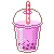 Pink boba tea in a clear plastic cup with a straw, rendered in a cute pixel art style.