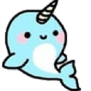 Narwhal with a single horn and blushing cheeks smiling happily.
