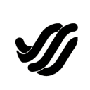 Abstract black symbol with three flowing, curved lines inside a white circle.