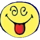 Yellow smiley face with swirly eyes and a red tongue sticking out.