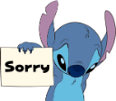 Stitch the blue alien looking down while holding a white sign that says Sorry.