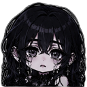 Gothic anime girl with long dark hair and cross earrings crying with tears streaming down her face.