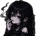 Goth girl with long black hair exhaling a cloud of smoke with a bored, unimpressed expression.