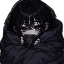 Anime girl with dark hair wearing a heart-adorned mask and wrapped in a large black blanket.