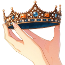 A hand holding out a golden crown with blue and orange jewels.
