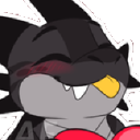A black dragon with a silly expression holding a red heart.