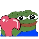 Pepe the Frog with wide eyes hugging a large pink heart.