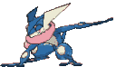 Greninja in a crouched ninja pose with its tongue scarf wrapped around its neck.