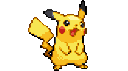 Pikachu with spiky black hair looking cool and confident in a pixel art style.