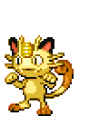 Meowth from Pokémon in a pixelated fighting stance with fists raised.