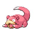 Slowpoke from Pokemon eating a snack with a vacant expression in a pixel art style.