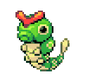 A small green pixelated caterpillar with a red head wiggling slightly.