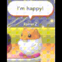 A pixelated Kirby-like hamster character with Rick Astley's hair saying I'm happy in a speech bubble.