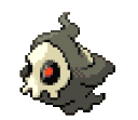 Duskull, a small gray ghost Pokémon with a skull mask and a glowing red eye, floats in a pixel art style.