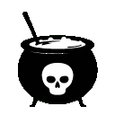 Cauldron with a skull icon being stirred by a spoon in a pixel art style.