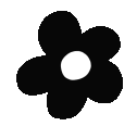Three black flowers with white centers arranged in a horizontal row.