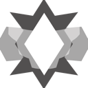 Diamond shaped badge with sharp geometric edges in shades of gray and white.