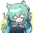 Anime girl with teal hair closing her eyes and smiling while musical notes float around her.