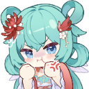 Anime girl with teal hair pouting with clenched fists and an angry symbol on her cheek.