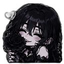 Anime girl with long black hair blushing while holding a black rose with a heart icon above her head.