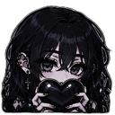 Goth anime girl holding a black heart close to her face.