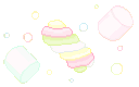 A horizontal row of colorful, twisted marshmallows with small floating circles in a pixel art style.