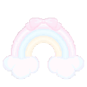 A repeating row of pixel-art rainbows with pink bows and fluffy clouds.