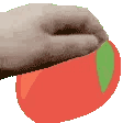 A hand repeatedly reaches out and grasps at a red fruit with a green leaf.
