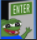 A green frog character waving with one hand while standing in front of a doorway with a sign that says enter.