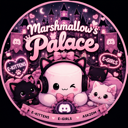 A circular emblem featuring a winking cartoon cat wearing headphones, surrounded by pink hearts, cats, and a castle silhouet…