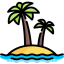 Two palm trees standing on a small sandy island surrounded by blue ocean waves.