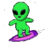 A green alien surfing on a purple surfboard through a black starry space background.