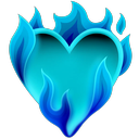 Heart shape surrounded by bright blue flames.