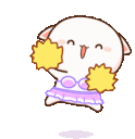 A white cartoon cat wearing a cheerleader outfit and holding yellow pom-poms, jumping up and down excitedly.