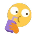 A yellow smiley face with wide eyes drinking from a purple juice box with a straw.