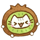 A happy white cat face smiling inside a sliced kiwi fruit.