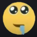 Yellow smiley face with wide, vacant eyes and a blue trail of drool leaking from its mouth.