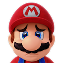 Mario with a red cap and mustache looking down with a sad and distressed facial expression.