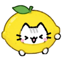 A white cat face with a happy expression peeking out from inside a yellow lemon fruit.