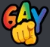 A hand pointing directly forward with the word GAY written in rainbow colors above it.