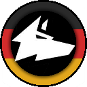 Wolf head silhouette centered over a circular German flag background.