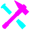 Hammer and nail crossed in neon pink and blue colors on a black background.