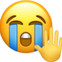 Yellow crying face emoji holding up a hand to signal stop.