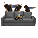 Bees perched on and hovering around a gray sofa.