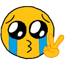 Yellow emoji face with big pleading eyes and blue tears streaming down, making a peace sign with one hand.