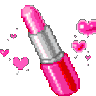 Lipstick tube in pink and gray with floating pink hearts around it in a pixel art style.