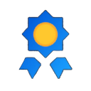 Blue flower-shaped badge with a yellow center representing a completed task.