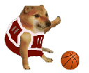 Cheems the dog wearing a red basketball jersey while dribbling a basketball.