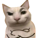 Cat with drawn-on arms crossed in a judgmental pose against a red background.